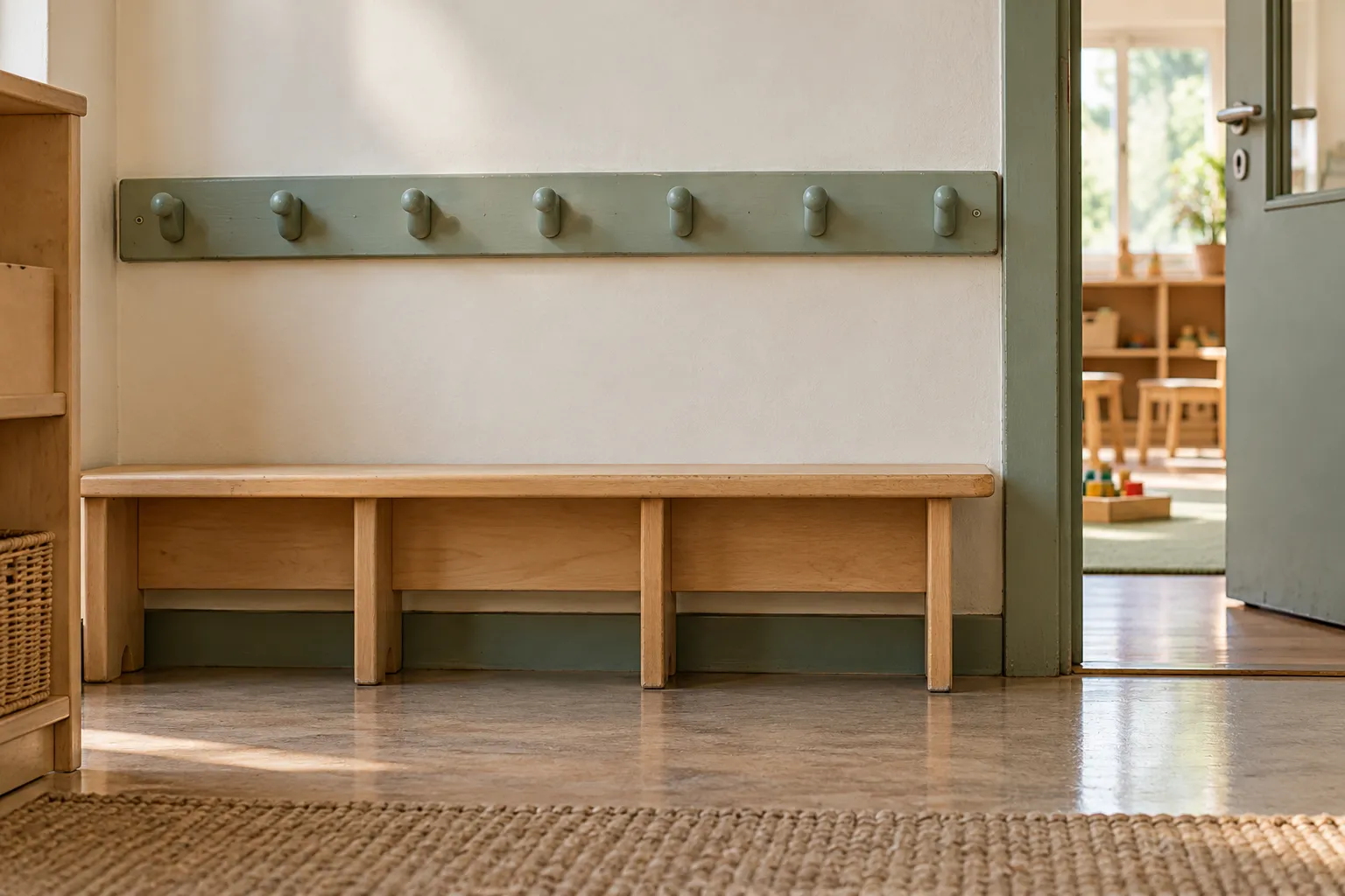KI-Symbolbild: niedrige Garderobe aus Kinderaugenhöhe vor einem Spielraum.